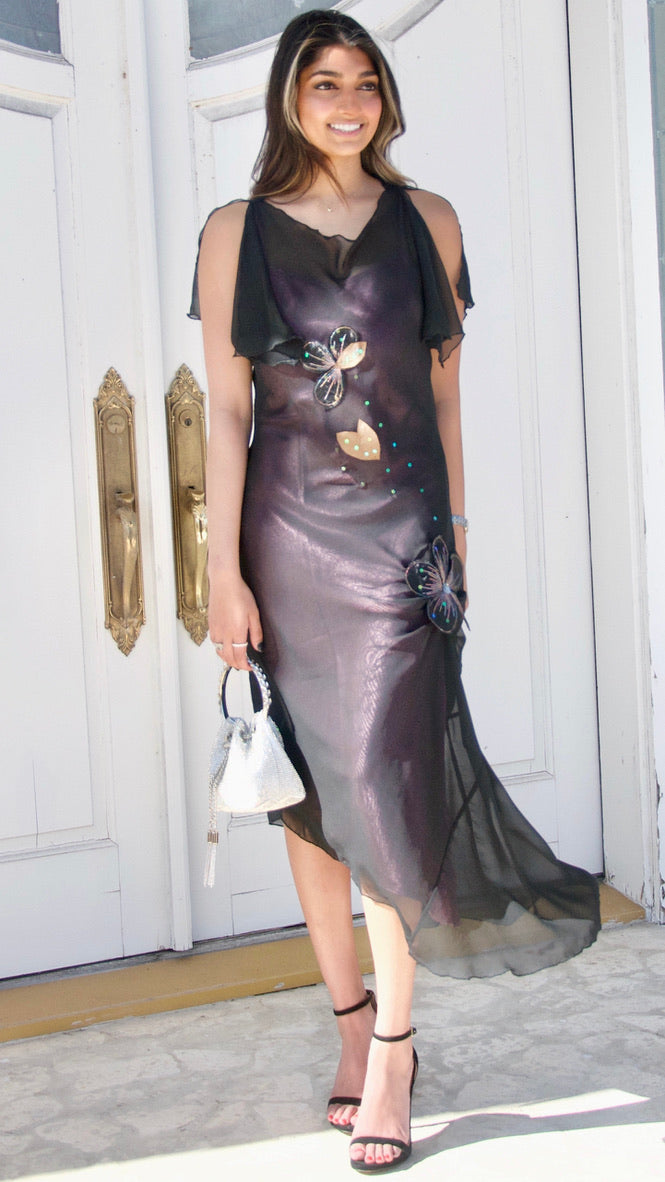 Black and Plum Floral Appliqué Mesh Overlay Midi Dress – Olivia Dress